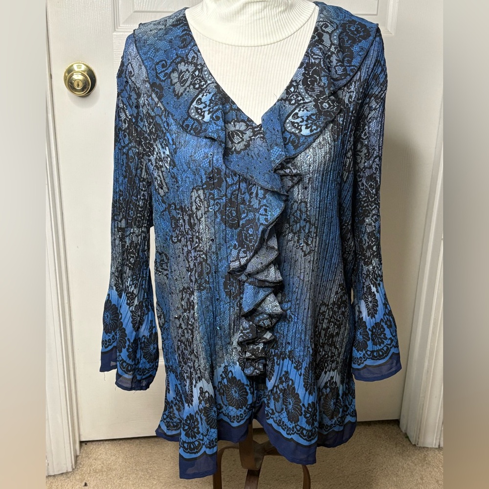 Cato Blue Floral Ruffle Front Boho Women's Long Sleeve Sequin Top Blouse Shirt